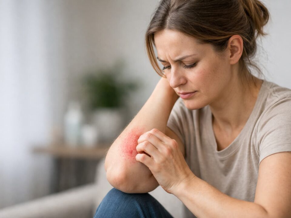 Γυναίκα ξύνει κόκκινο ερεθισμένο εξάνθημα στον εσωτερικό αγκώνα, σύμπτωμα ατοπικής δερματίτιδας με ξηρό και φλεγμονώδες δέρμα.