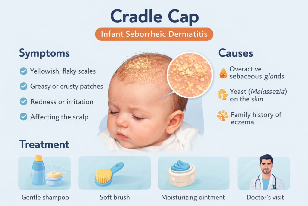 βρεφική νινίδα cradle cap - εμφάνιση στο τριχωτό της κεφαλής νεογέννητου
